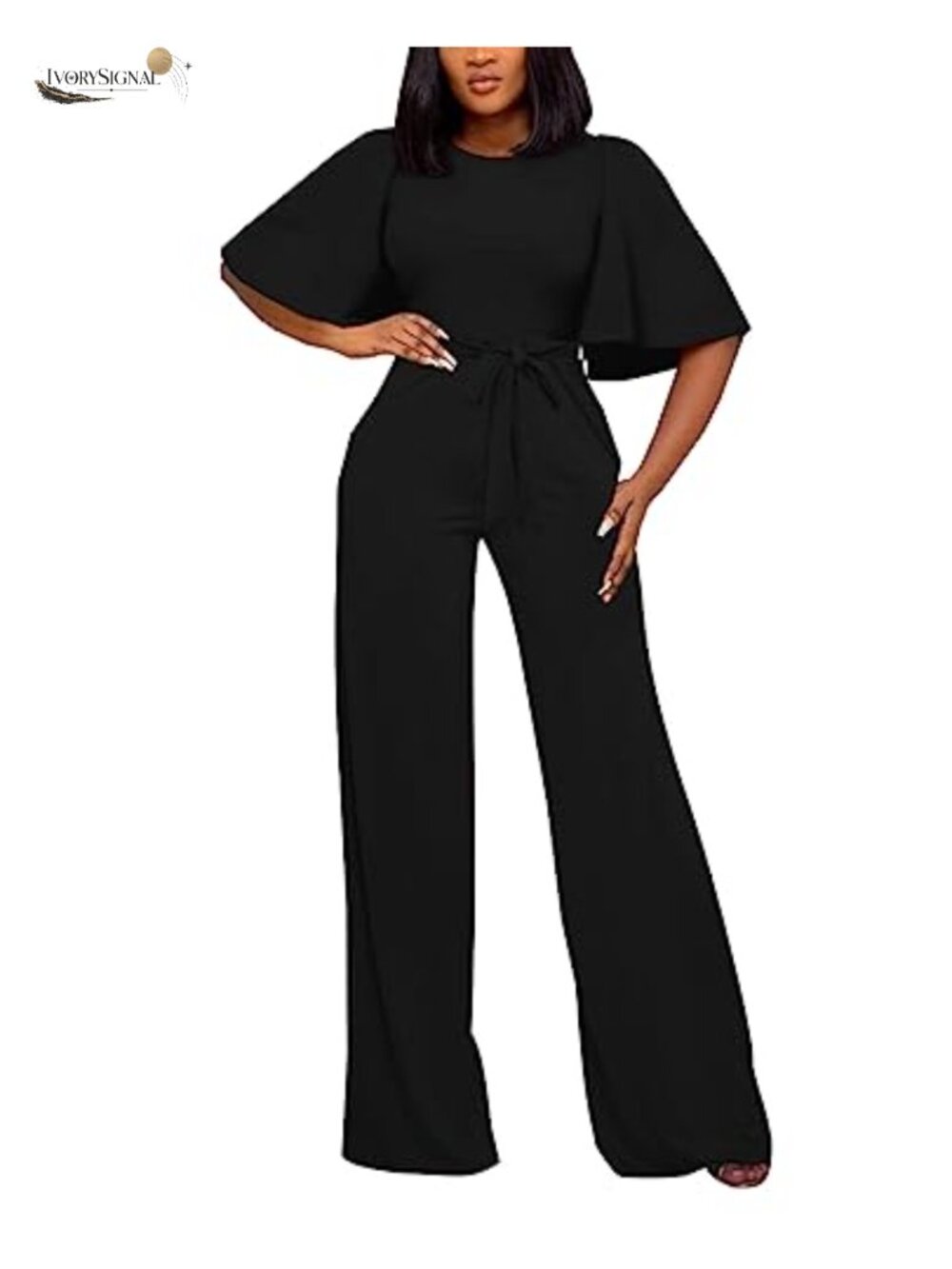 Belted Sleeve Ruffles Jumpsuit, Long Maxi Romper Casual One Piece